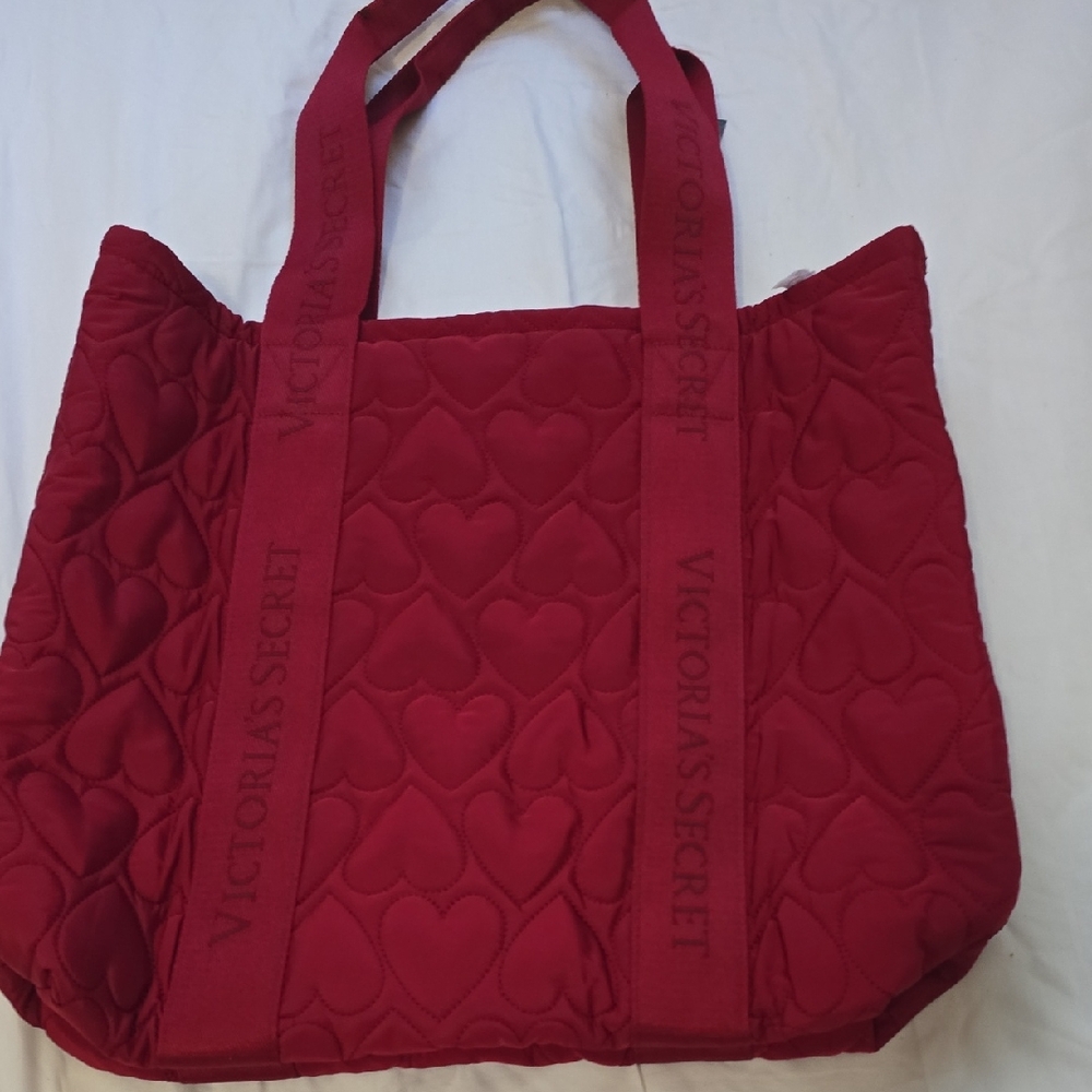 Victoria's Secret Red Quilted Tote with Diamond Pattern